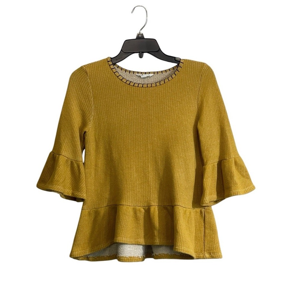 THML Mustard Yellow Peplum Knit Top Small Bell Sleeve Ruffle Boho Chic Modern